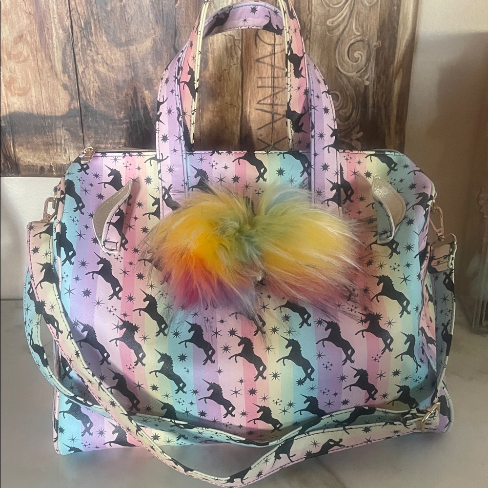 Pastel Rainbow Unicorn Travel Tote Bag with Pom Accent